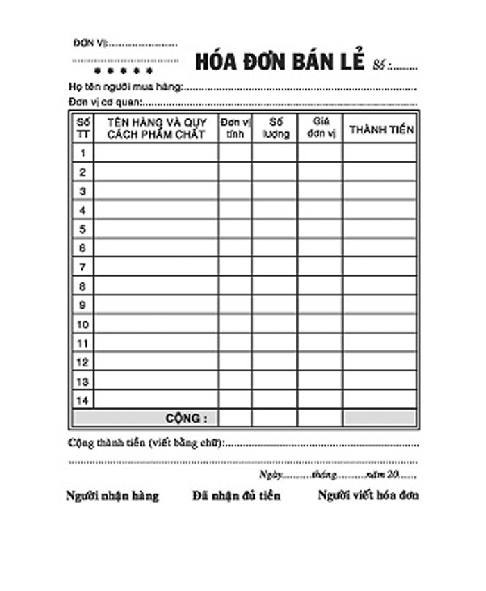 Hoá đơn bán lẽ  2 liên